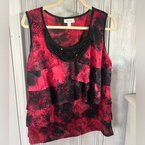 VTG Y2K velvet burnout black red floral ruffle beaded scoop neckline top XLP